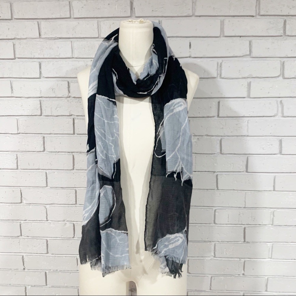 Black Grey Abstract Floral Gauzy Scarf Eyelash Fringe Boho Lightweight